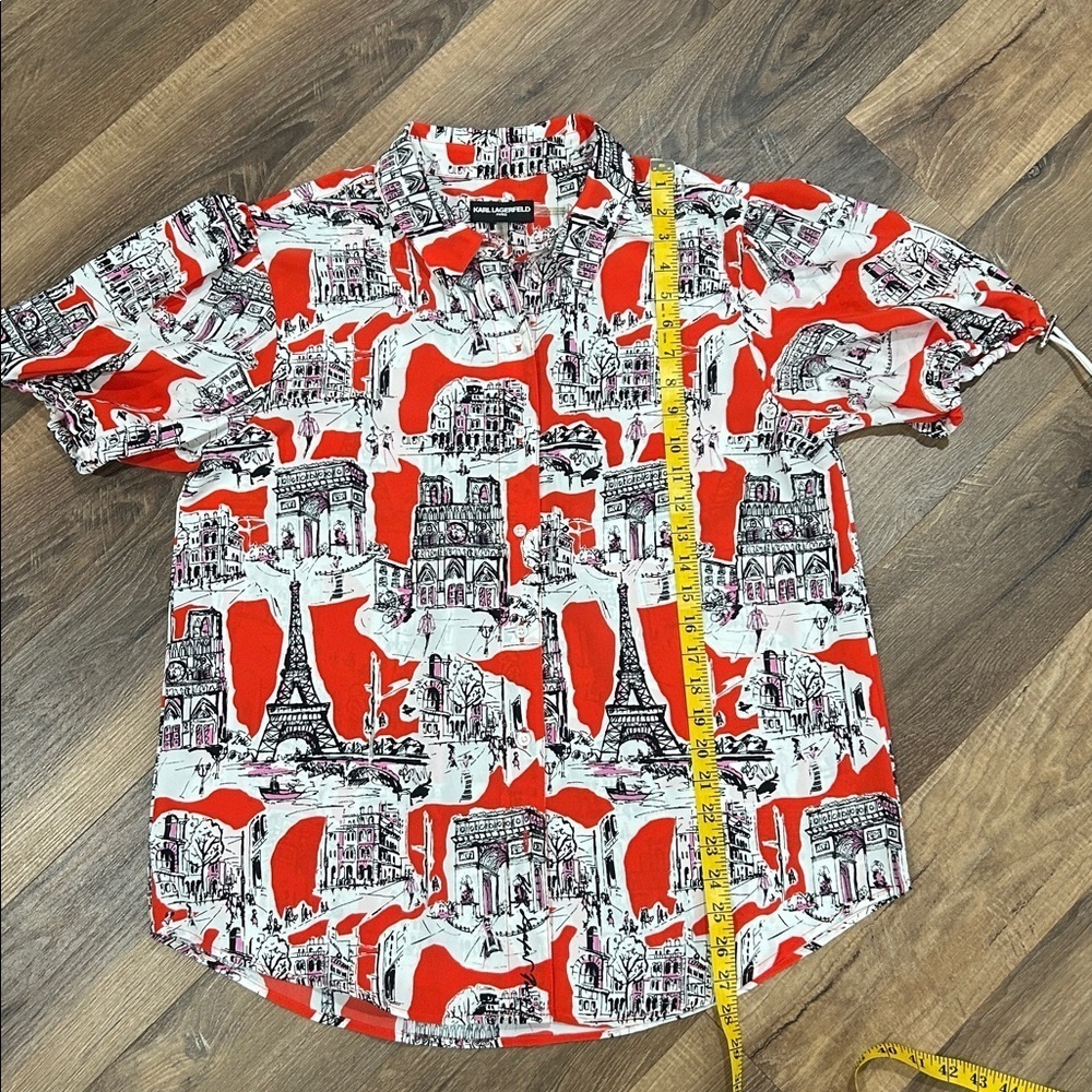 Karl Lagerfeld Women's Printed Bungee-Sleeve Short Shirt size L button Up - Picture 7 of 14